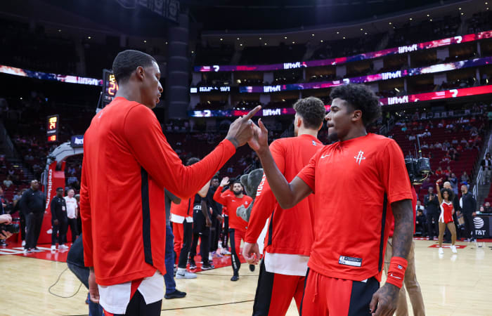 Rockets forward Jabari Smith Jr. and guard Jalen Green before the game against the Indiana Pacers at Toyota Center.